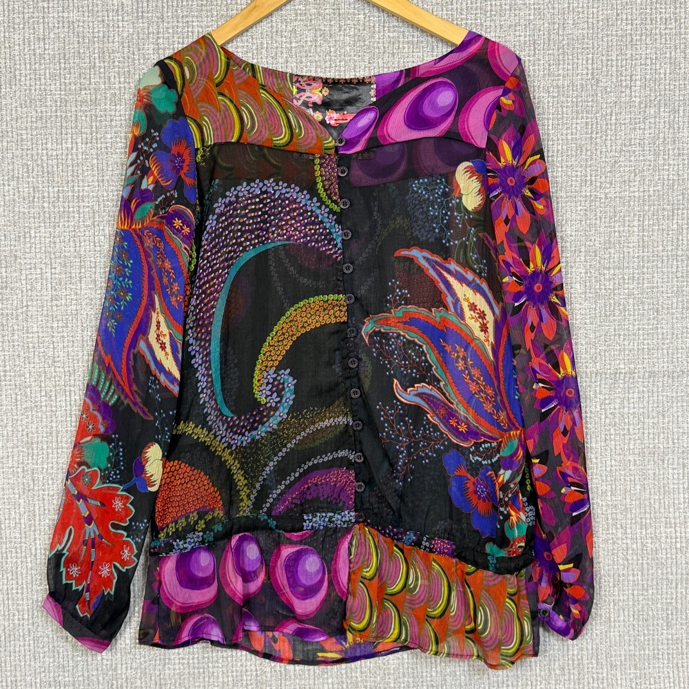 Desigual Sz M Floral Print Blouse Button Down LS Multicolor Sheer‎ Statement